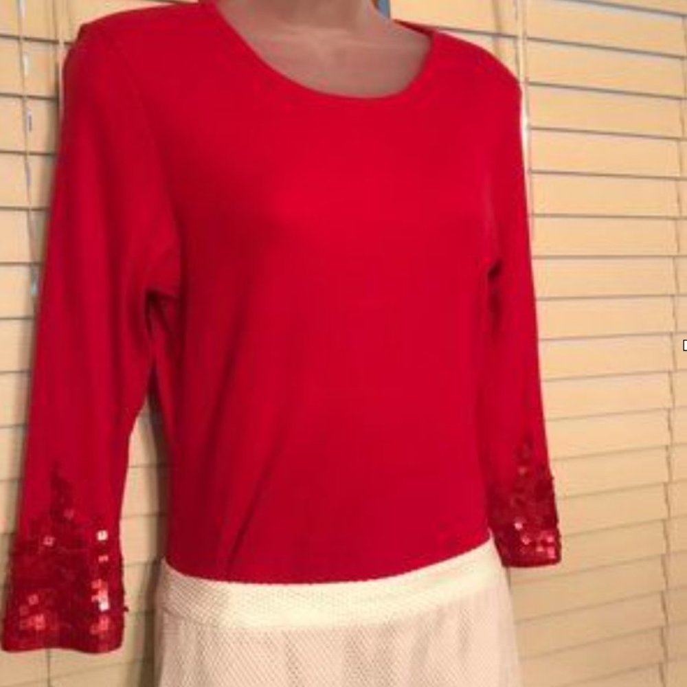 "Coldwater Creek" Pullover shirt, red, with embellished sleeves, M
